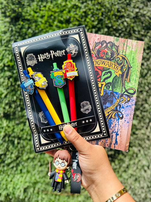 Premium Harry Potter Stationery Combo | 4 Hogwarts House Ball Pens, A5 Notebook & Harry Potter Keychain | Gift Set for Harry Potter Fans