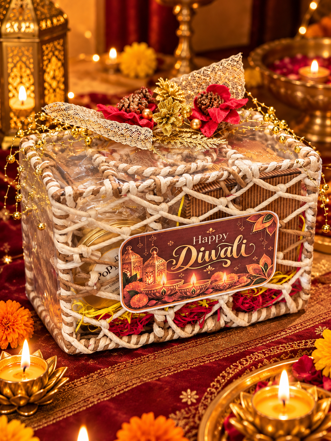Premium Diwali Gift Hamper with Makhana, Beetroot Chips, Handmade Shubh Labh, Mug & Lotus Candle Holders | Festive Gift Basket