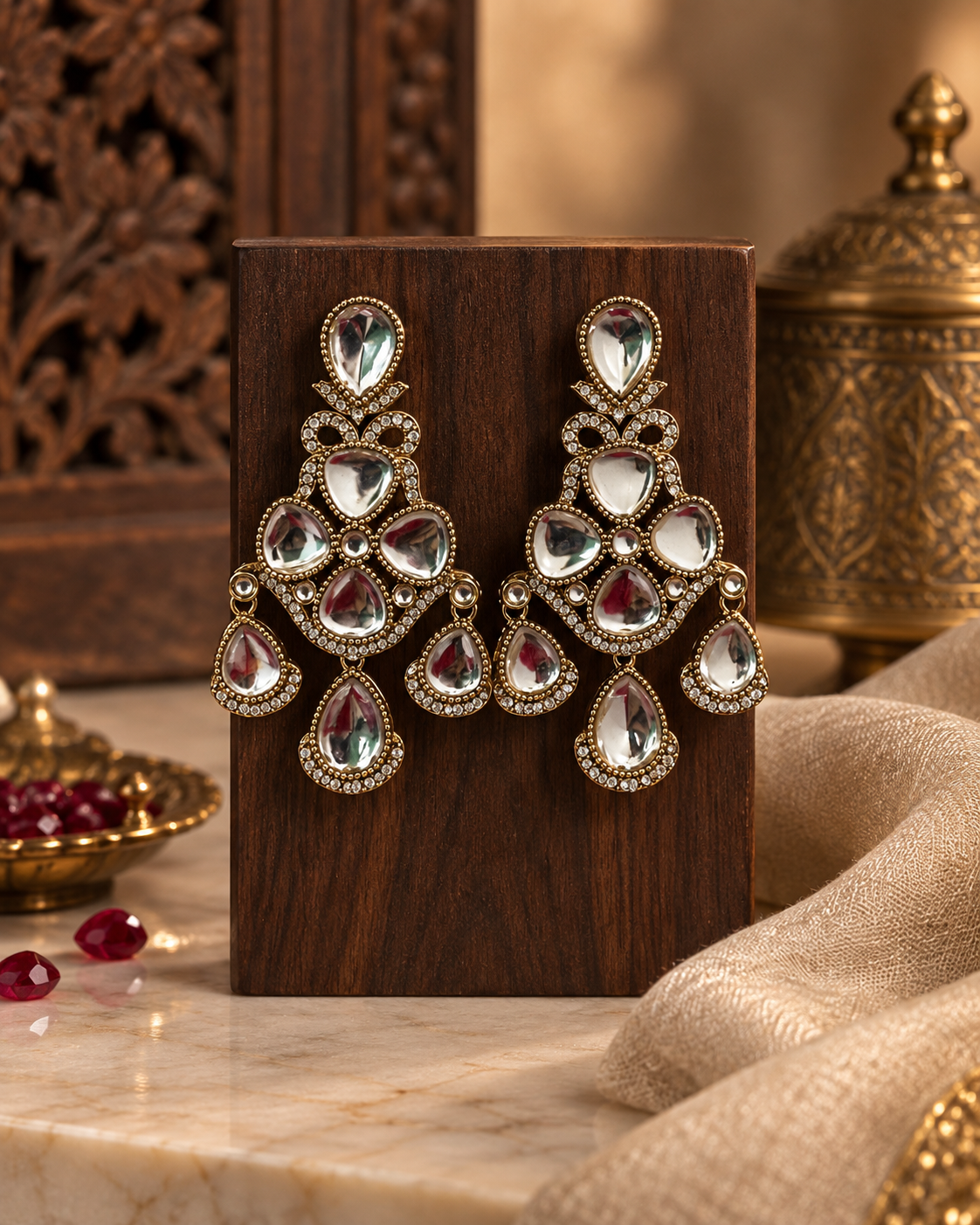 Statement Kundan-Style Drop Earrings for Women, Traditional Indian Ethnic Jewellery, Gold-Tone Designer Earrings for Festive, Wedding & Party Wear