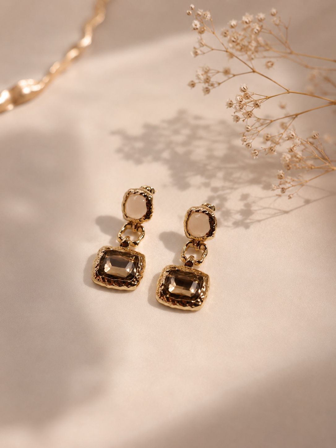 Smoky Crystal Anti-Tarnish Drop Earrings | Vintage Gold Statement Earrings | Elegant Geometric Earrings for Women