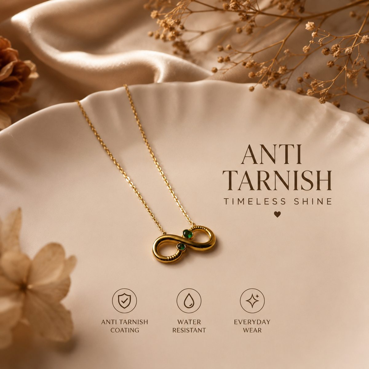 Anti Tarnish Infinity Pendant Necklace | Emerald Accent Infinity Necklace for Women