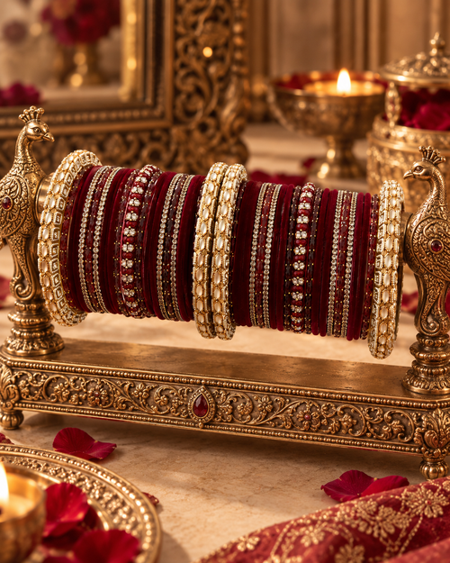 Maroon Velvet Bangles for Women, Designer Stone Studded Kangan Set, Traditional Bridal Jewellery with Gold-Tone Detailing for Wedding & Festive Wear, Sizes 2.4 2.6 2.8