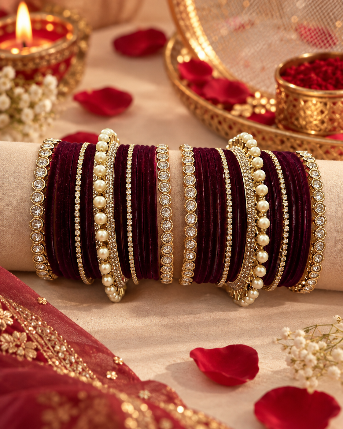 Wine Velvet Bangles for Women, Designer Stone Studded Kangan Set with Pearl & Gold-Tone Detailing, Bridal Wedding Jewellery for Festive Wear, Sizes 2.4 2.6 & 2.8
