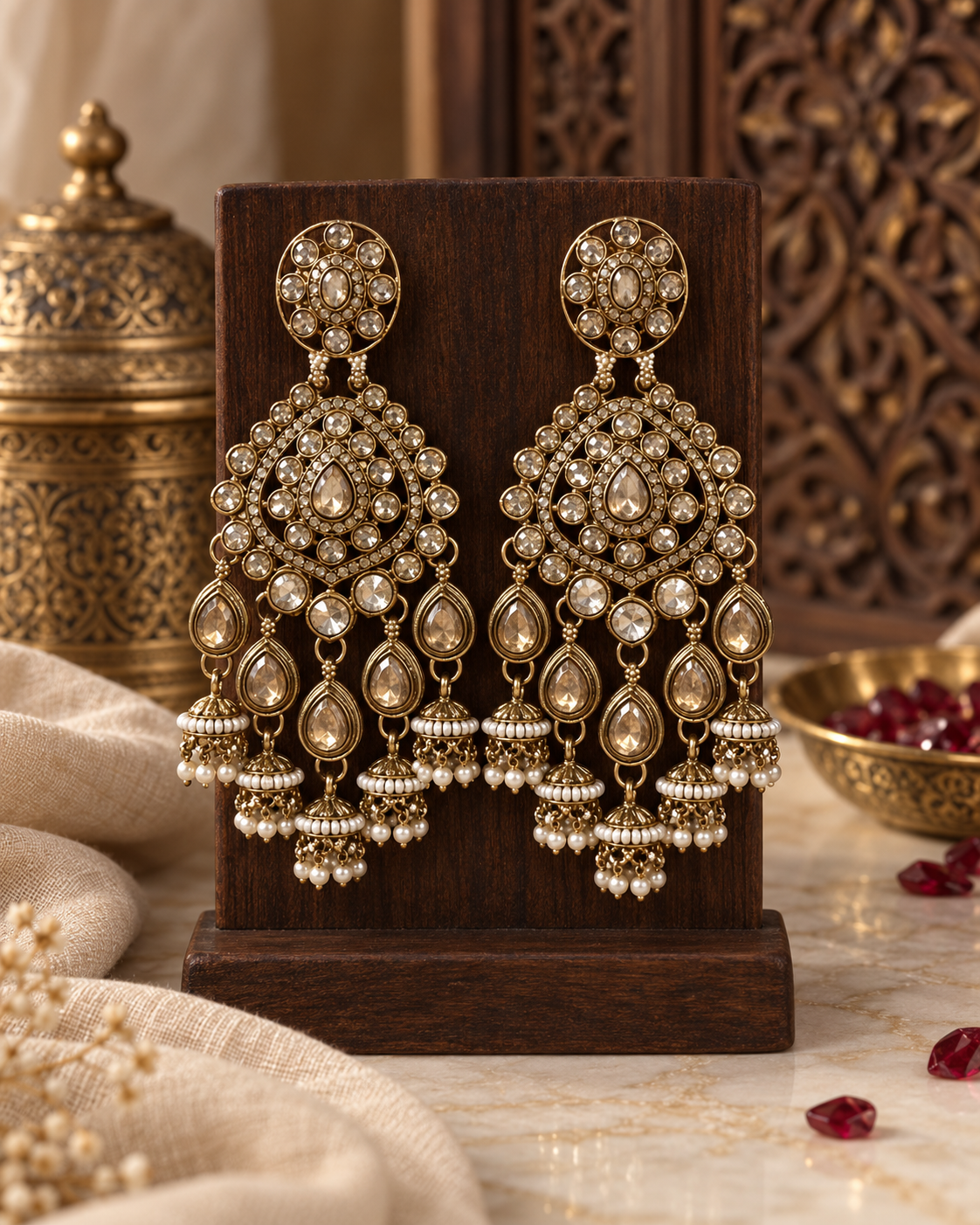Chandbali Earrings for Women, Traditional Indian Ethnic Jewellery with Crystal-Style Stones & Pearl Jhumka Drops, Statement Earrings for Wedding & Festive Wear