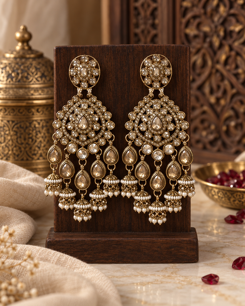 Chandbali Earrings for Women, Traditional Indian Ethnic Jewellery with Crystal-Style Stones & Pearl Jhumka Drops, Statement Earrings for Wedding & Festive Wear