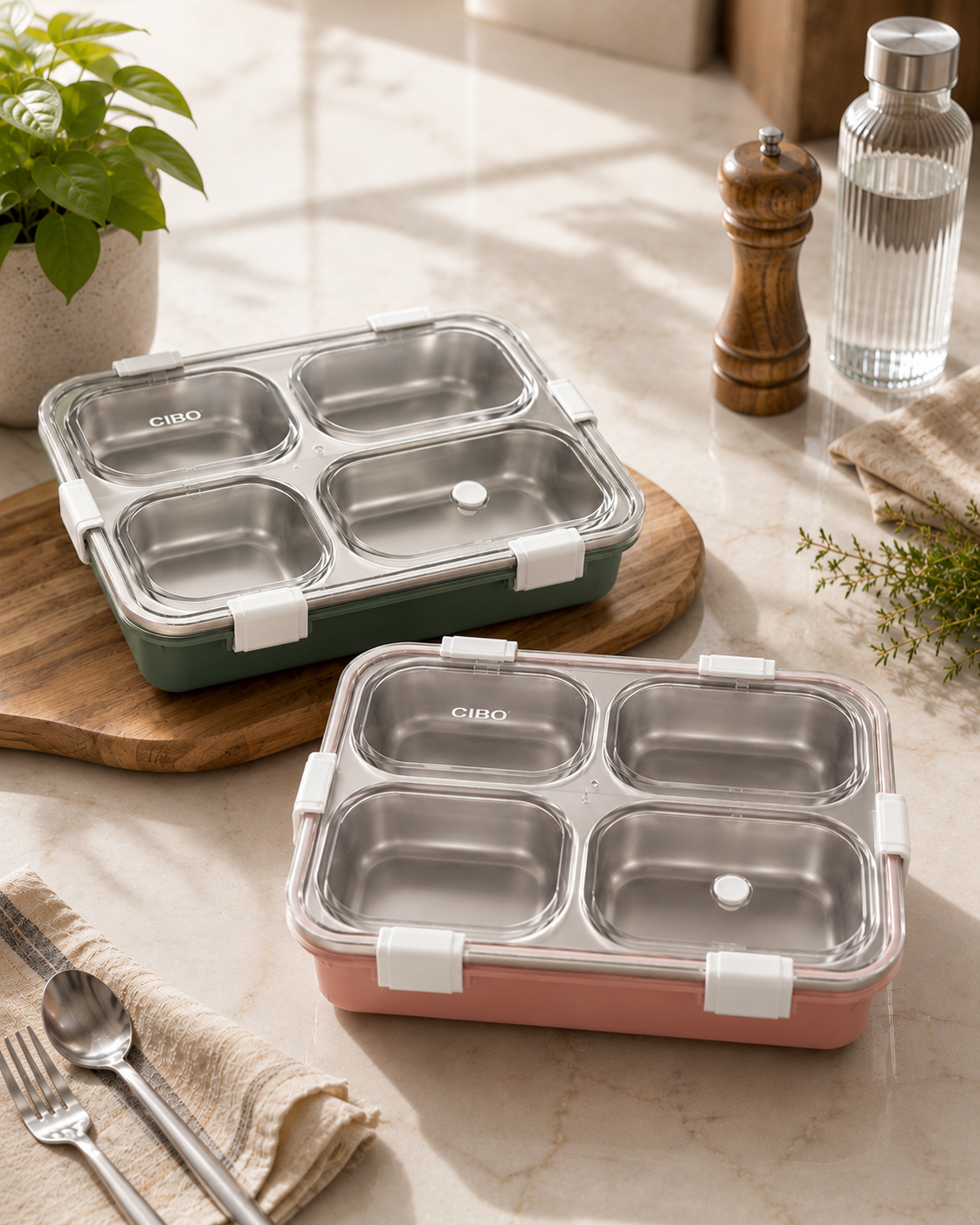 Leakproof Stainless Steel 4 Compartment Lunch Box with Lid