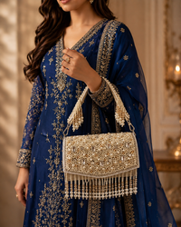 Pearl & Crystal Embellished Velvet Handbag with Detachable Sling