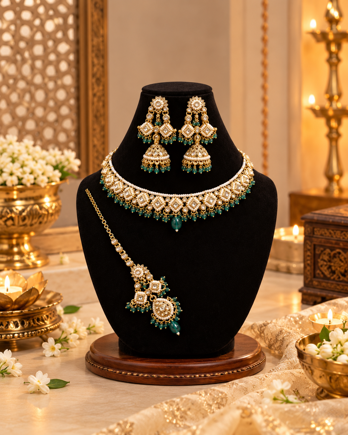 Choker Necklace Set for Women with Matching Earrings and Maang Tikka, Traditional Indian Ethnic Jewellery for Wedding and Festive Wear