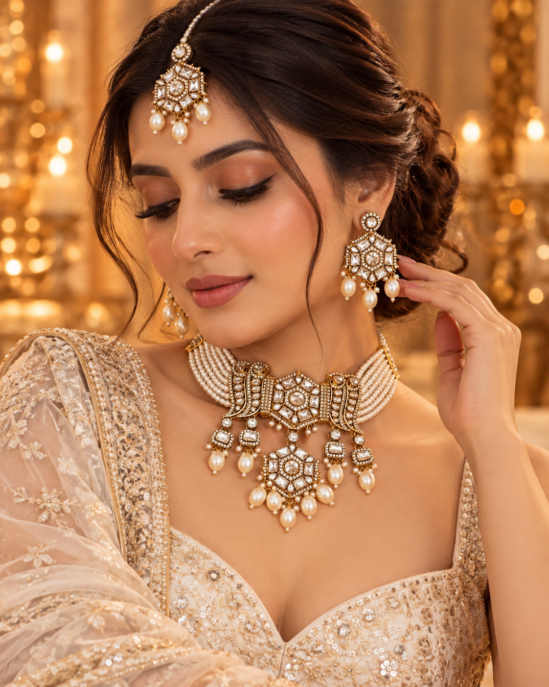 Premium Festive Necklace Set for Women with Pearl Detailing, Heavy Bridal Style Necklace & Earrings for Wedding, Karwa Chauth, Diwali, Festive Functions & Cocktail Parties
