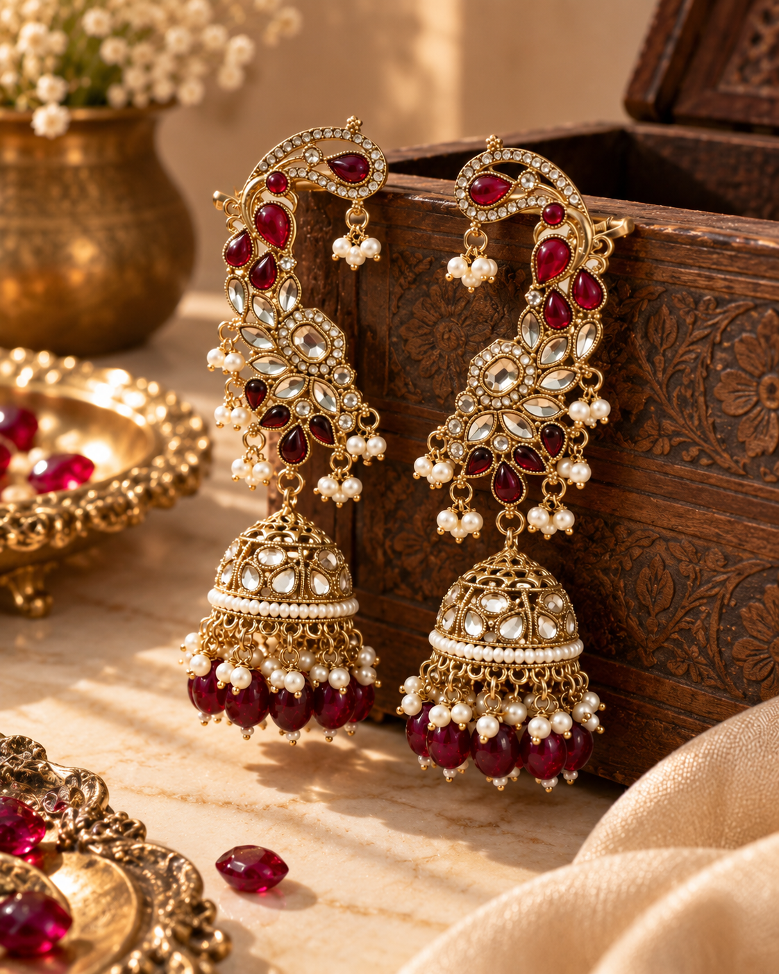 Premium Indian Ear Cuff Jhumka Earrings for Women, Heavy-Look Lightweight Festive Statement Earrings with Beads for Karwa Chauth, Diwali, Weddings & Functions