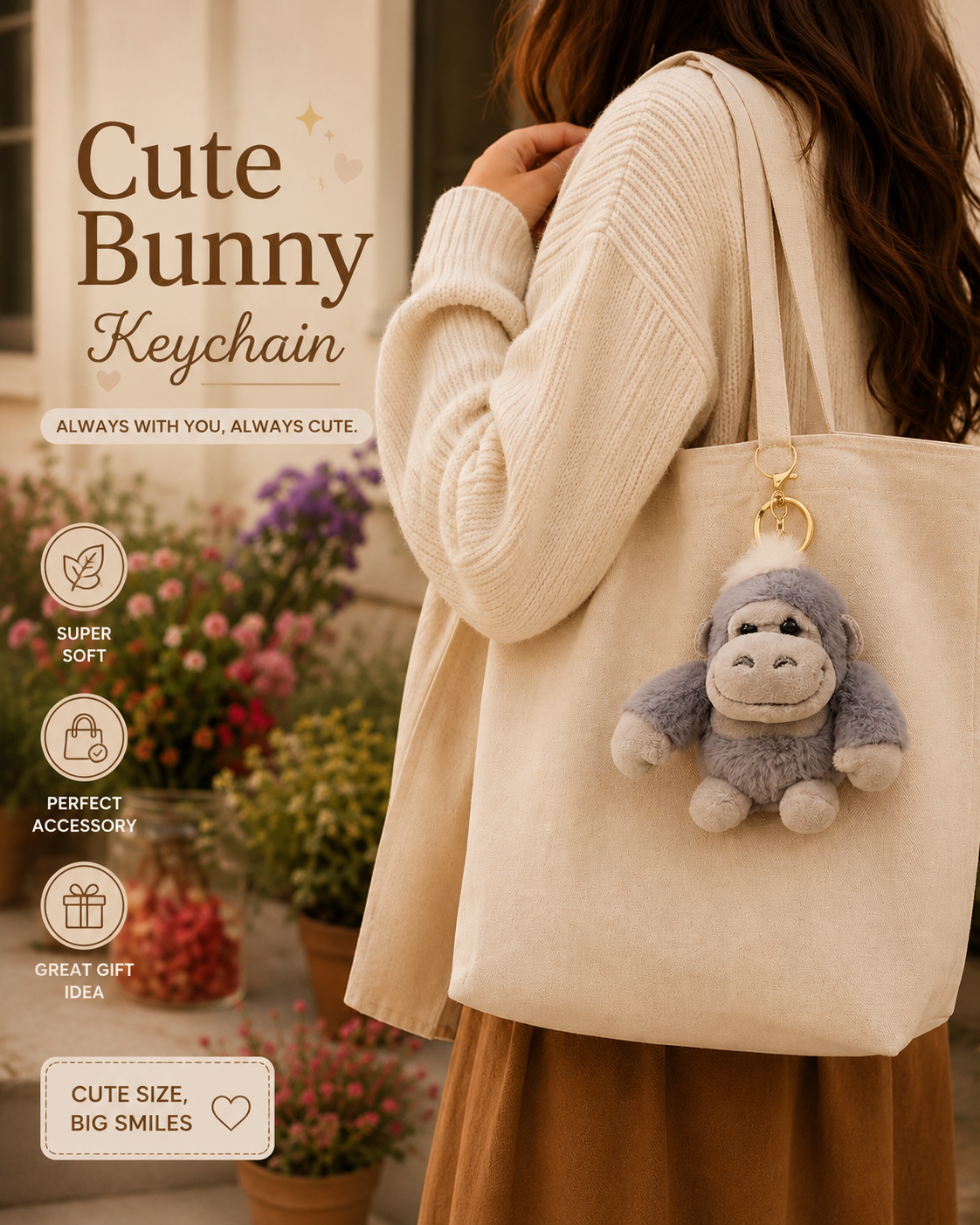 Cute Gorilla Plush Keychain | Soft Stuffed Gorilla Bag Charm | Kawaii Animal Keyring