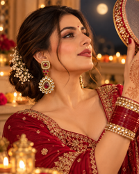 Festive Indian Earrings for Women, Minimalist Gold-Tone Red & Green Stone-Style Drop Earrings, Traditional Ethnic Jewellery for Karwa Chauth, Wedding, Diwali & Functions