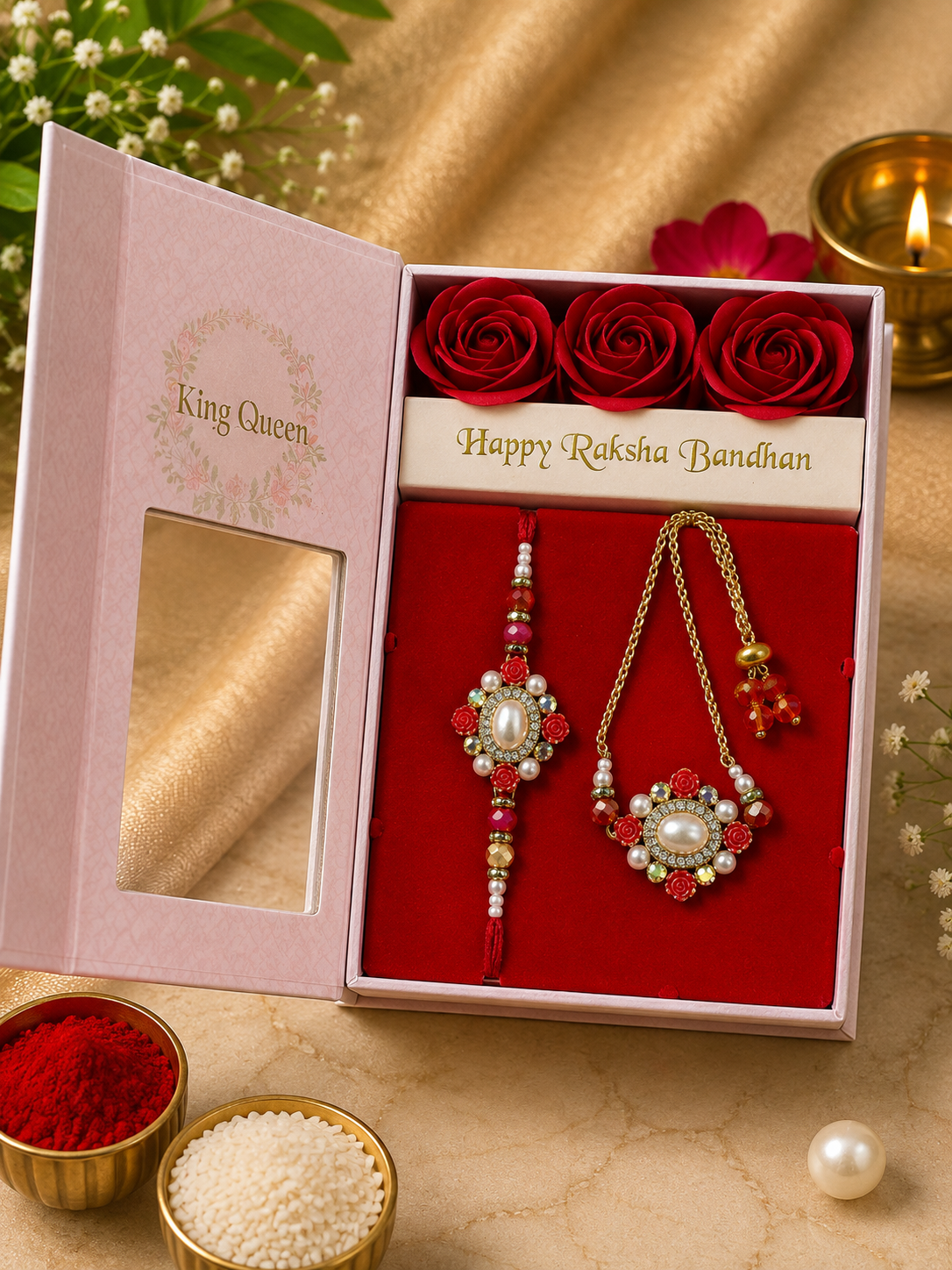 AD Bhaiya Bhabhi Couple Rakhi Set | Premium American Diamond Designer Bhai Rakhi & Lumba Rakhi Gift Box with Roses, Luxury Raksha Bandhan Gift | 5 Variants | Jugnu Store
