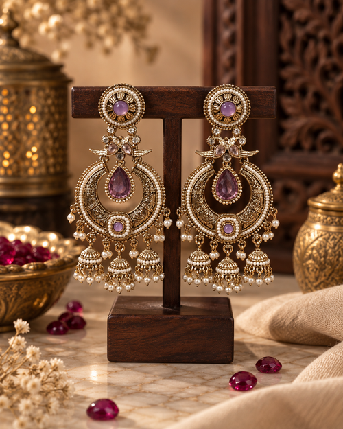 Statement Jhumka Earrings for Women, Traditional Indian Ethnic Jewellery with Purple Stones & Pearl Details, Long Designer Earrings for Wedding & Festive Wear