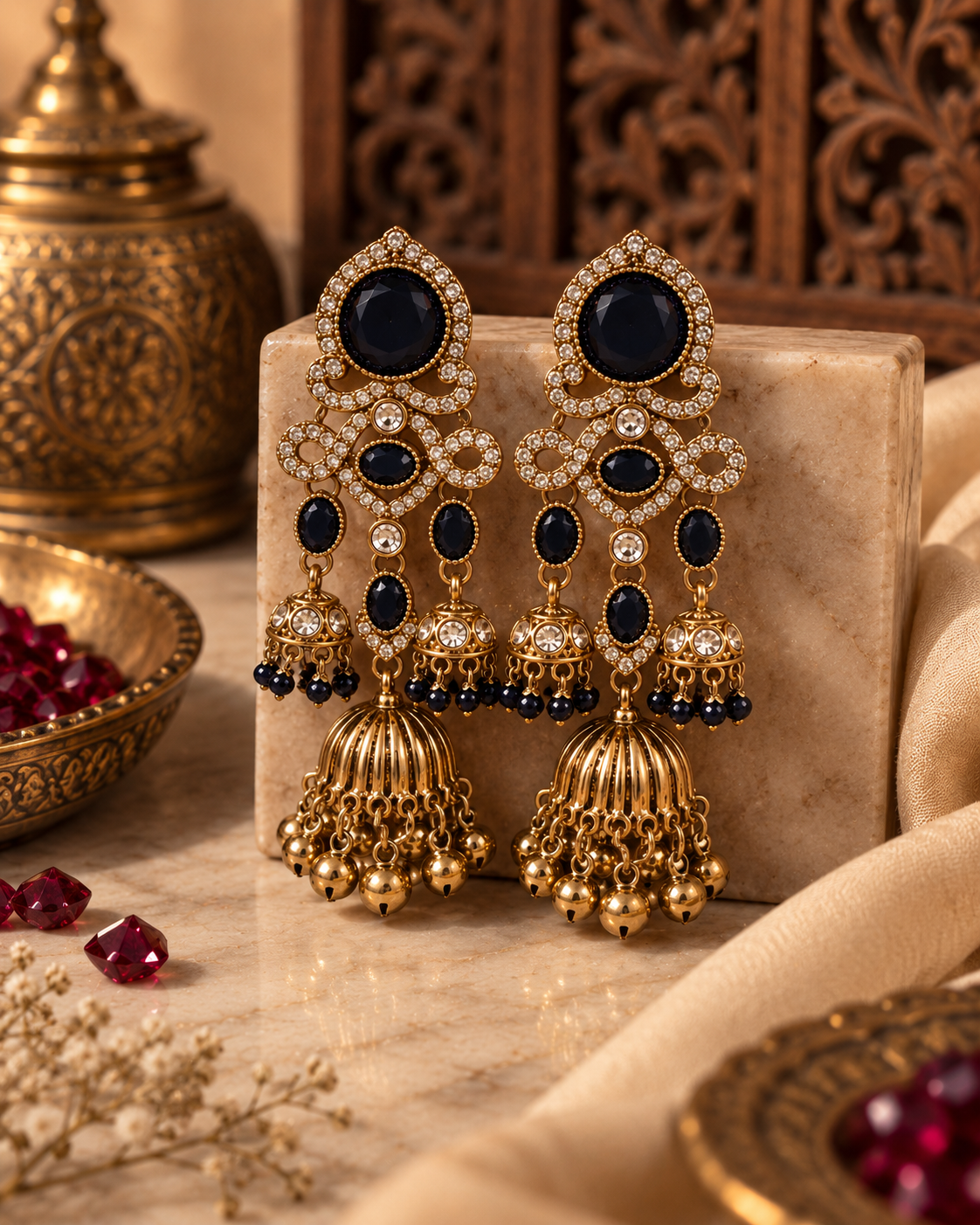 Jhumka Earrings for Women, Traditional Kundan Style Gold-Tone Chandbali Jhumki Earrings with Crystal & Bead Detailing, Ethnic Party Wear Jewellery for Wedding & Festive Occasions