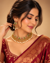 South Indian Style Necklace Set for Women, Multicolour Gold-Look Temple Jewellery with Matching Earrings, Heavy Look Festive Ethnic Jewellery for Wedding, Diwali & Functions