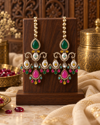 Festive Indian Earrings for Women, Lightweight Ethnic Earrings with Pearl Chain Ear Support, Traditional Jewellery for Karwa Chauth, Wedding, Diwali & Functions