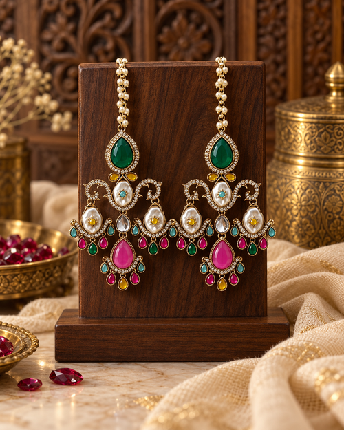 Festive Indian Earrings for Women, Lightweight Ethnic Earrings with Pearl Chain Ear Support, Traditional Jewellery for Karwa Chauth, Wedding, Diwali & Functions