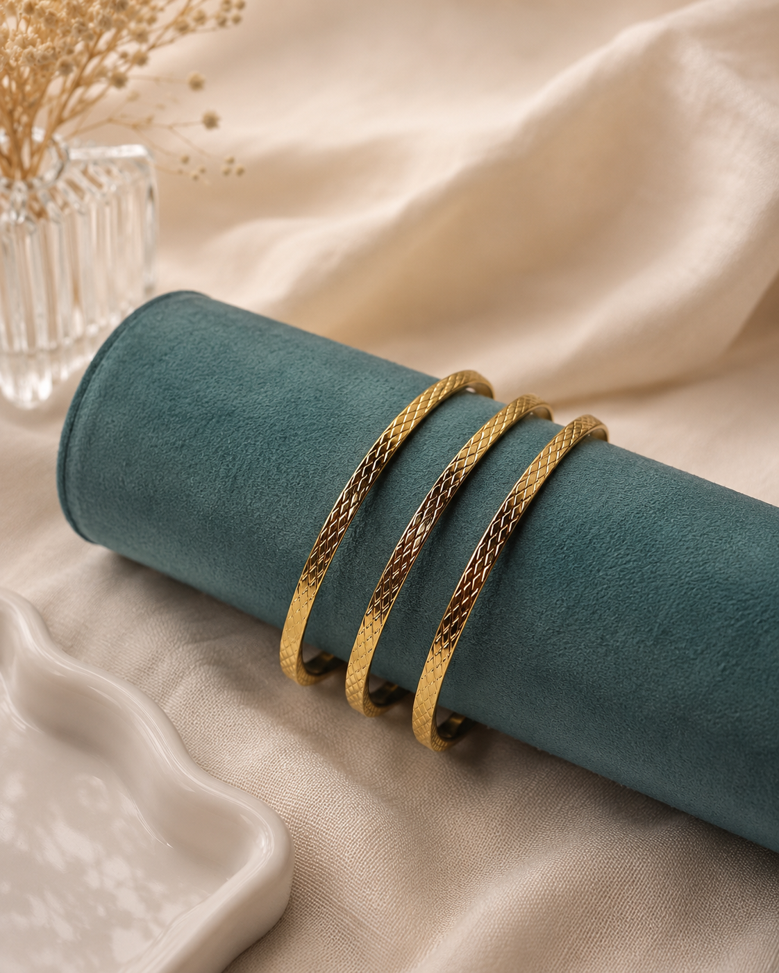 Premium Anti Tarnish Textured Gold Bangle Set of 3 for Women | Size 2.6 | Stainless Steel Stackable Bangles | Waterproof Hypoallergenic Tarnish-Free Jewelry