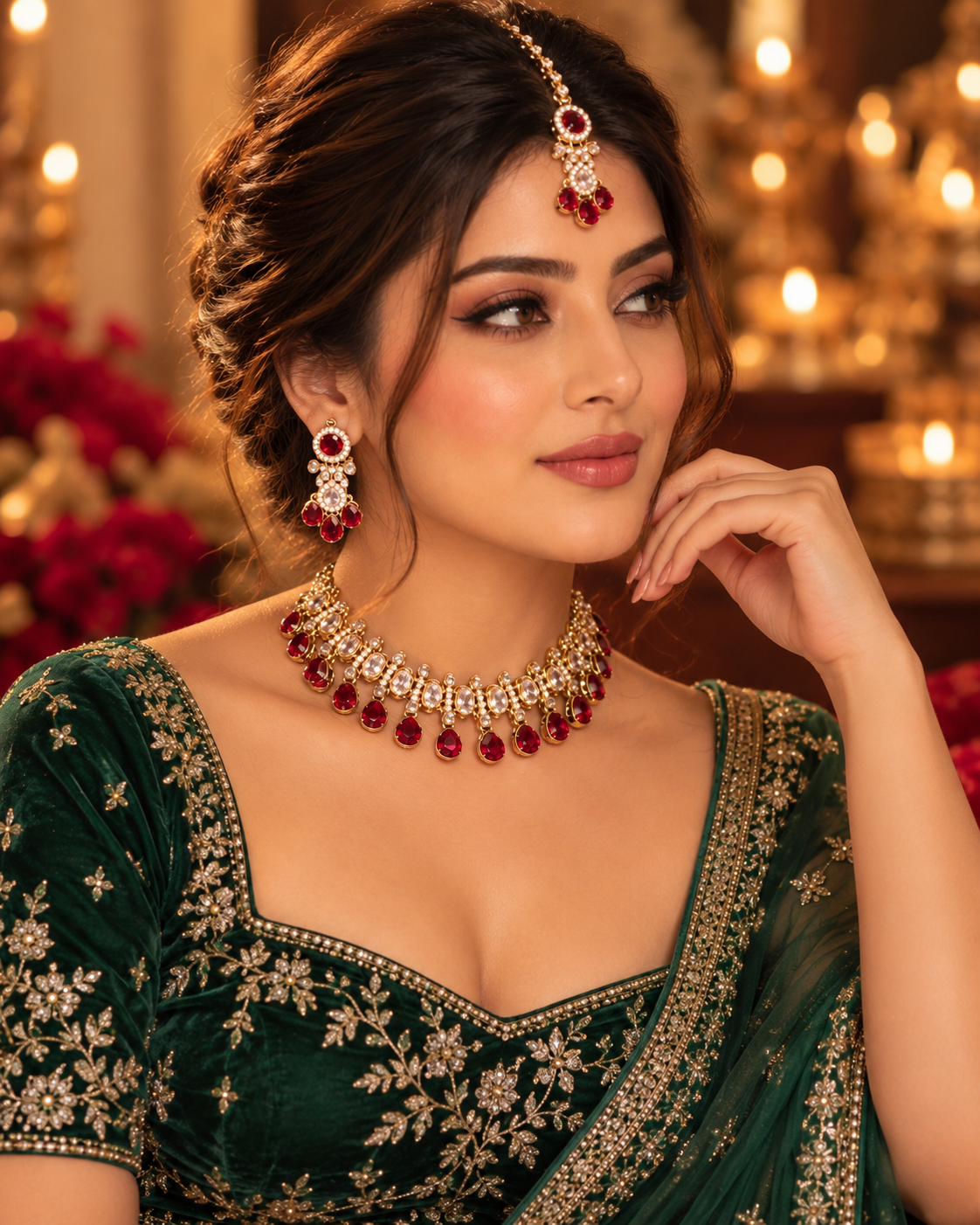 Indian Choker Necklace Set for Women with Earrings and Maang Tikka, Heavy Look Traditional Ethnic Jewellery for Wedding, Festive Wear and Party Occasions