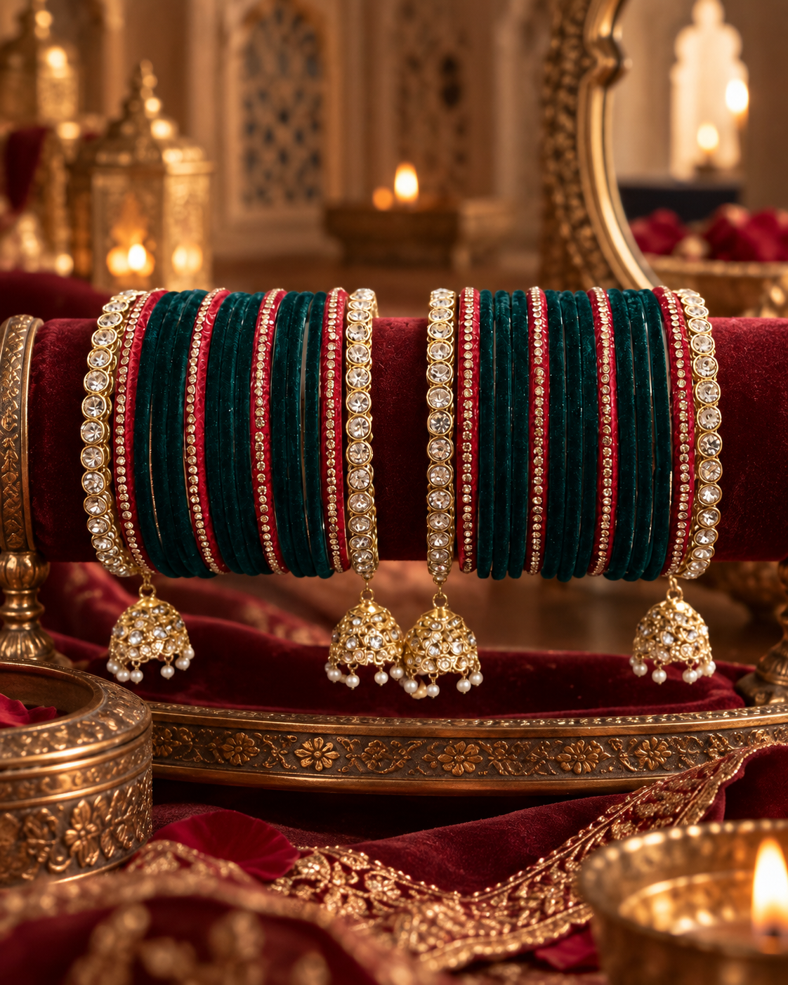 Designer Teal Green & Magenta Bangle Set for Women, Stone Studded Kangan Chooda with Gold-Tone Detailing, Bridal Wedding Jewellery for Festive Wear, Sizes 2.4 2.6 & 2.8