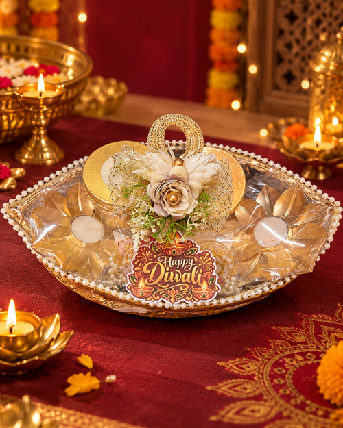 Premium Diwali Gift Hamper with Lotus Candle Holders, Ladoo & Sutli Bomb Candles, Mug, Makhana, Beetroot Chips & Handmade Shubh Labh