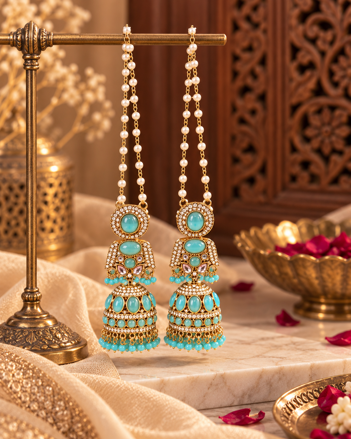 Traditional Pearl Chain Jhumka Earrings with Hair Chain for Women – Gold-Tone Ethnic Festive Jewellery | 3 Colour Variants