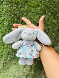 Cute Grey Bunny Plush Keychain in Floral Dress | Soft Rabbit Bag Charm & Backpack Accessory for Girls & Kids