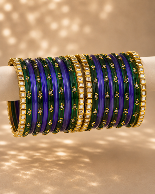 Royal Blue & Green Designer Bangles Set with Gold Accents