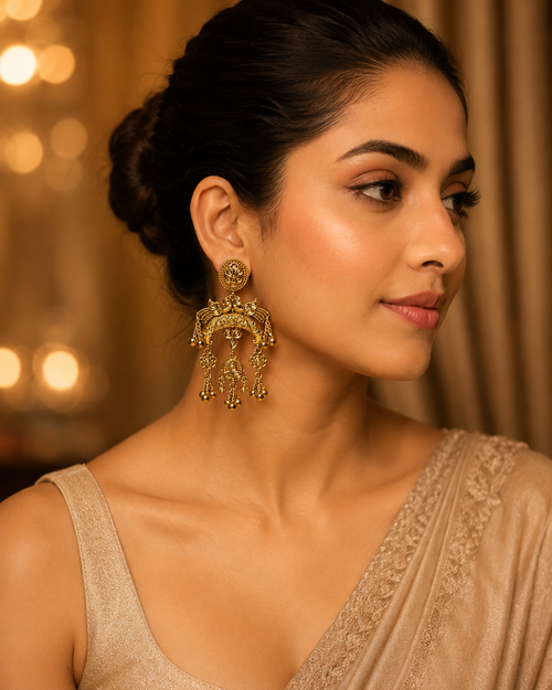 South Indian Temple Jhumka Earrings for Women | Antique Gold Tone