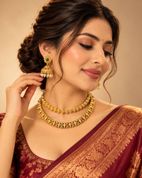South Indian Style Necklace Set for Women, Multicolour Gold-Look Temple Jewellery with Matching Earrings, Heavy Look Festive Ethnic Jewellery for Wedding, Diwali & Functions