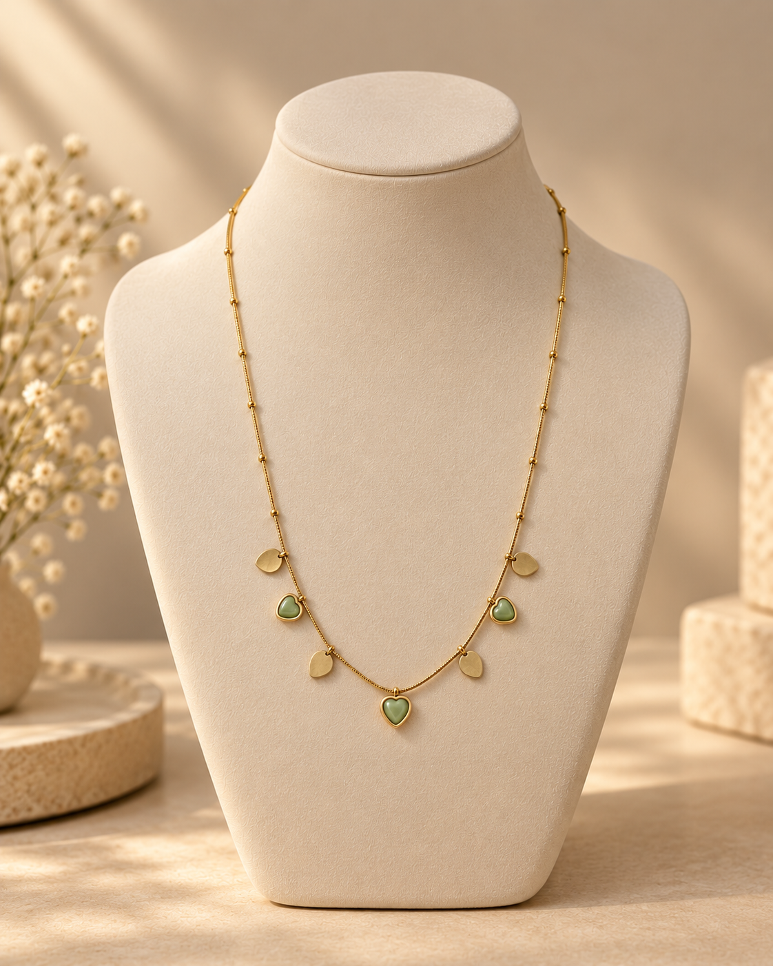 Gold Green Heart Necklace for Women | Dainty Charm Necklace with Green Heart & Disc Charms | Trendy Everyday Jewellery