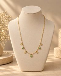 Gold Green Heart Necklace for Women | Dainty Charm Necklace with Green Heart & Disc Charms | Trendy Everyday Jewellery