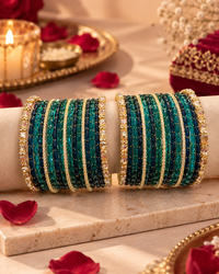 Green Bangle Set for Women, Designer Blue Teal Kangan Choodiyan with Stone Studded Gold Detailing, Wedding Festive Jewellery, Sizes 2.4, 2.6 & 2.8