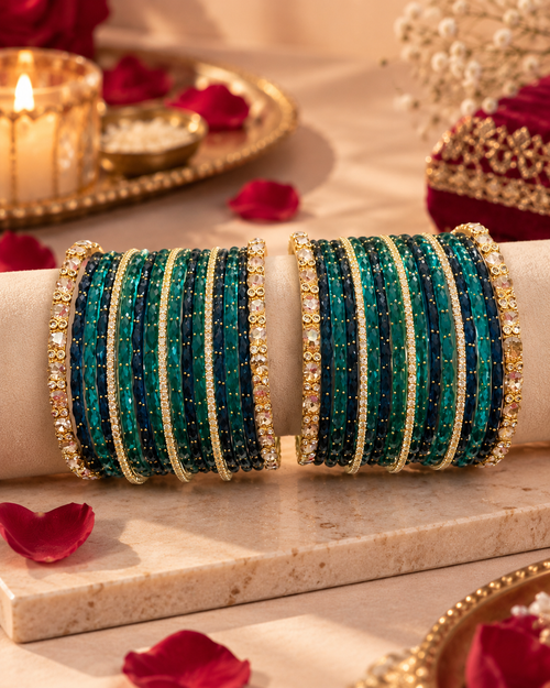 Green Bangle Set for Women, Designer Blue Teal Kangan Choodiyan with Stone Studded Gold Detailing, Wedding Festive Jewellery, Sizes 2.4, 2.6 & 2.8