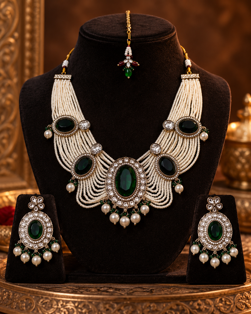 Emerald Green Necklace Set for Women with Earrings, Heavy-Look Lightweight Indian Ethnic Jewellery for Karwa Chauth, Diwali, Wedding & Festive Occasions
