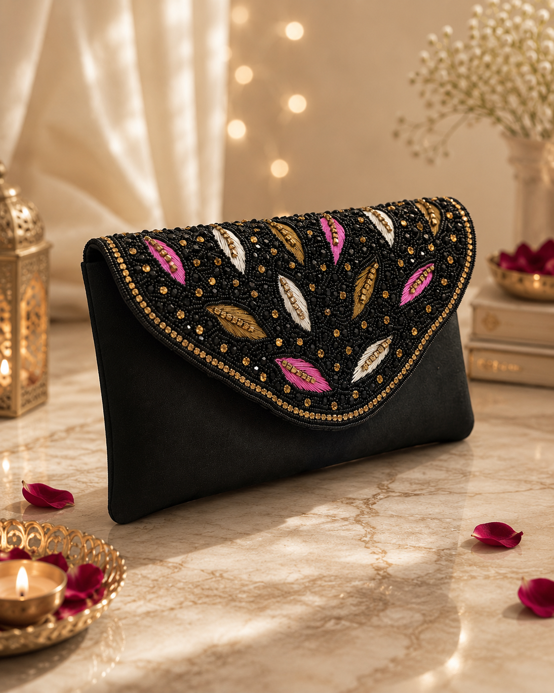 Black Handcrafted Embellished Clutch Bag | Party & Wedding Clutch