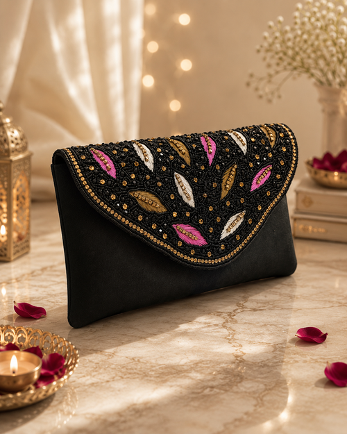 Black Handcrafted Embellished Clutch Bag | Party & Wedding Clutch