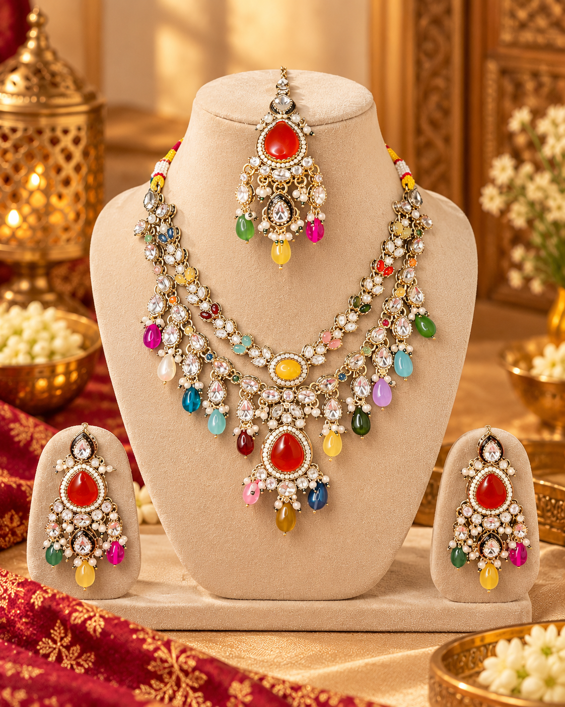 Multicolour Gold-Tone Traditional Bridal Jewellery Set for Women with Red Stone Necklace, Matching Earrings & Maang Tikka | Ethnic Wedding & Festive Jewellery