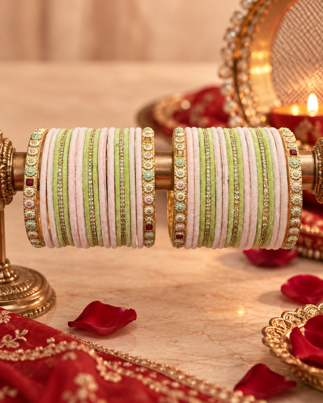 Pastel Bangles Set for Women, Pink & Green Kangan Chooda with Stone Studded Gold-Tone Kadas, Traditional Festive Wedding Jewellery, Sizes 2.4 & 2.8