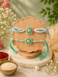 Handmade Brother & Sister Rakhi Set with Roli Chawal | Designer Pearl Rakhi Pair | Available in Mint Green & Peach | Raksha Bandhan Gift