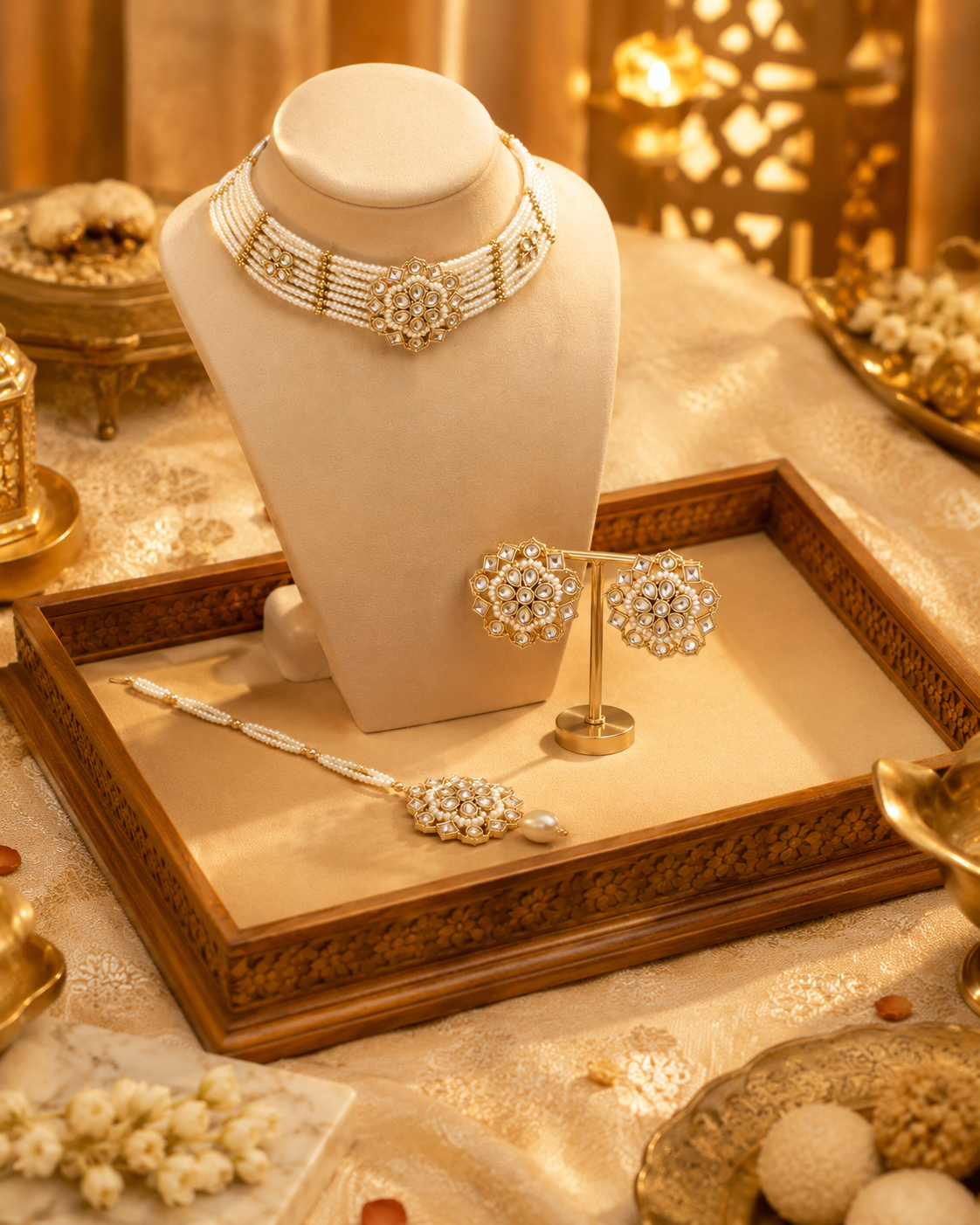 Pearl Style Choker Necklace Set for Women with Matching Statement Earrings, Multi-Strand Ethnic Jewellery for Wedding and Festive Wear
