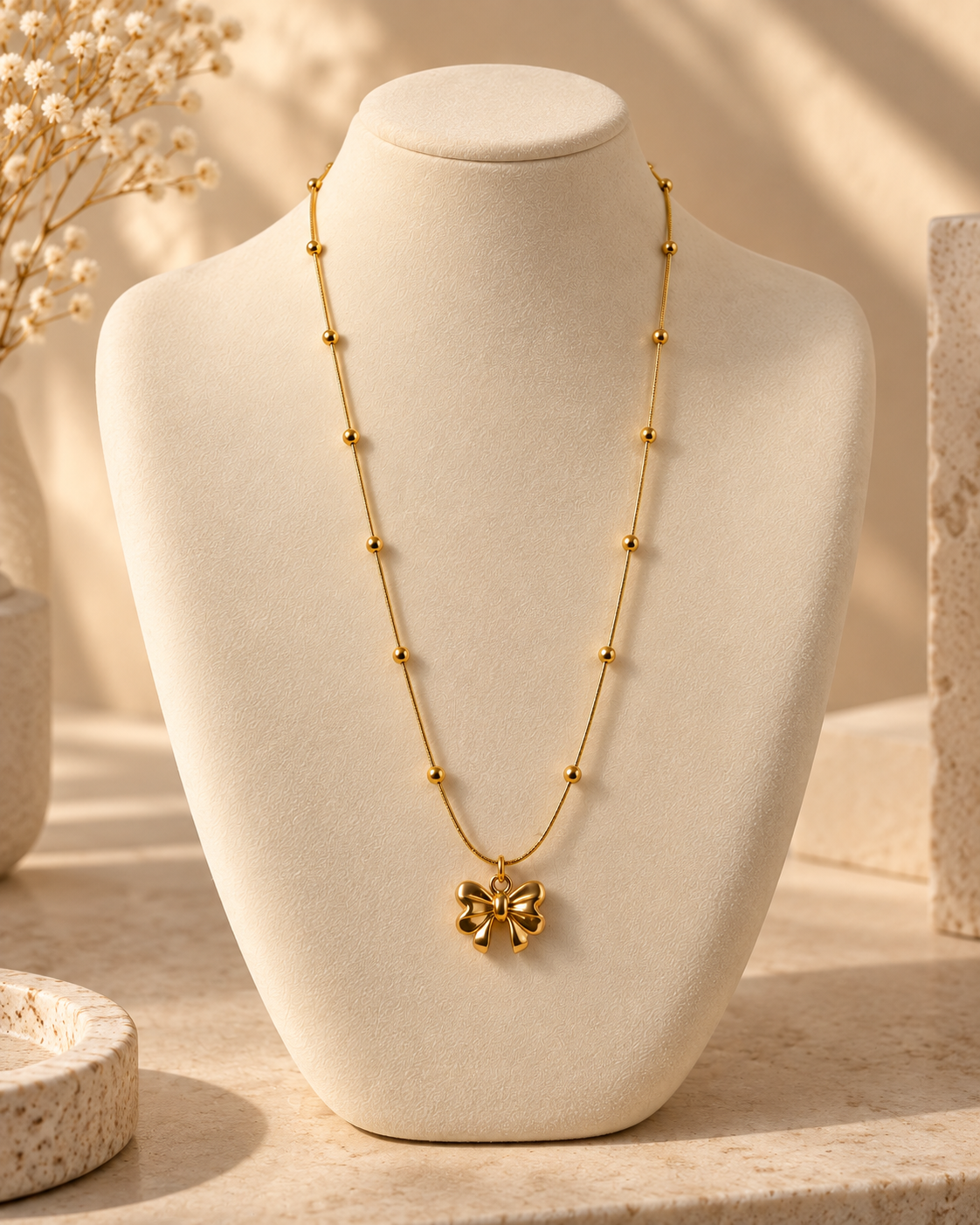Bow Pendant Necklace for Women | Gold-Tone Beaded Chain Necklace | Elegant Minimalist Jewellery