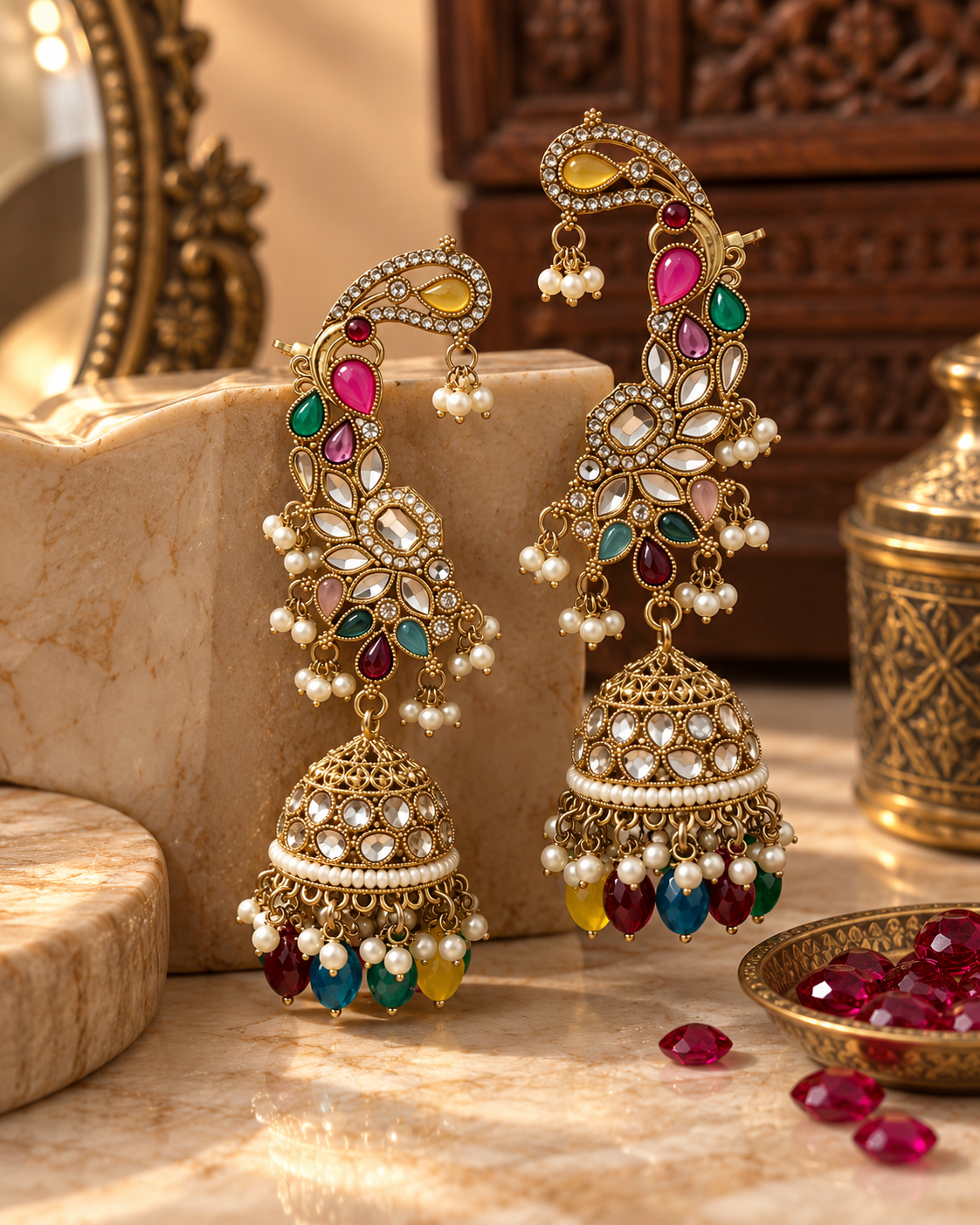 Premium Indian Ear Cuff Jhumka Earrings for Women, Heavy-Look Lightweight Festive Statement Earrings with Beads for Karwa Chauth, Diwali, Weddings & Functions