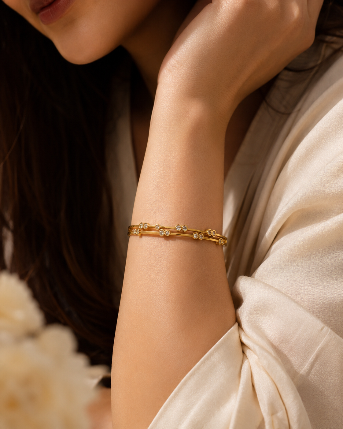 Premium Anti Tarnish Crystal Bangle Bracelet for Women | Gold Stainless Steel Bracelet | Waterproof Hypoallergenic Tarnish-Free Everyday Jewelry