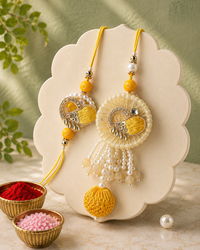 Handmade Bhaiya Bhabhi Rakhi Set with Roli Chawal | Yellow Designer Lumba Rakhi | Premium Raksha Bandhan Gift