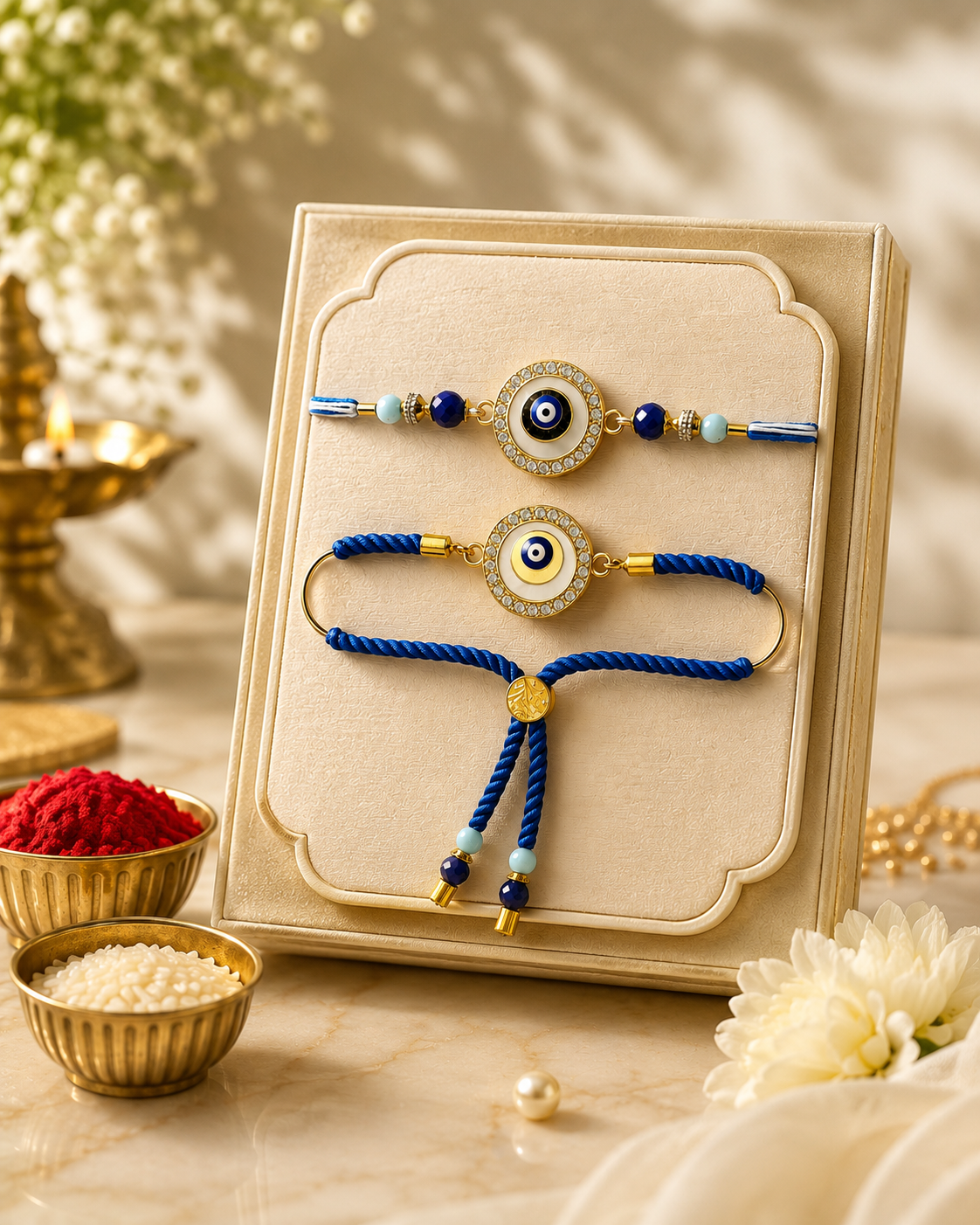 Evil Eye Bhaiya Bhabhi Couple Rakhi Set | Premium Designer Rakhi & Lumba Combo for Brother and Bhabhi | Handmade Nazar Protection Rakhi | Jugnu Store
