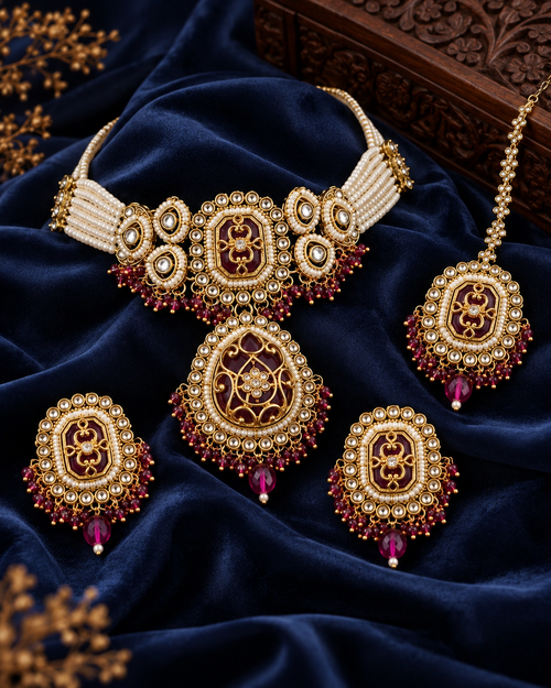 Premium Indian Necklace Set for Women with Earrings & Maang Tikka, Heavy-Look Lightweight Festive Jewellery Set for Karwa Chauth, Diwali, Weddings & Parties, Maroon