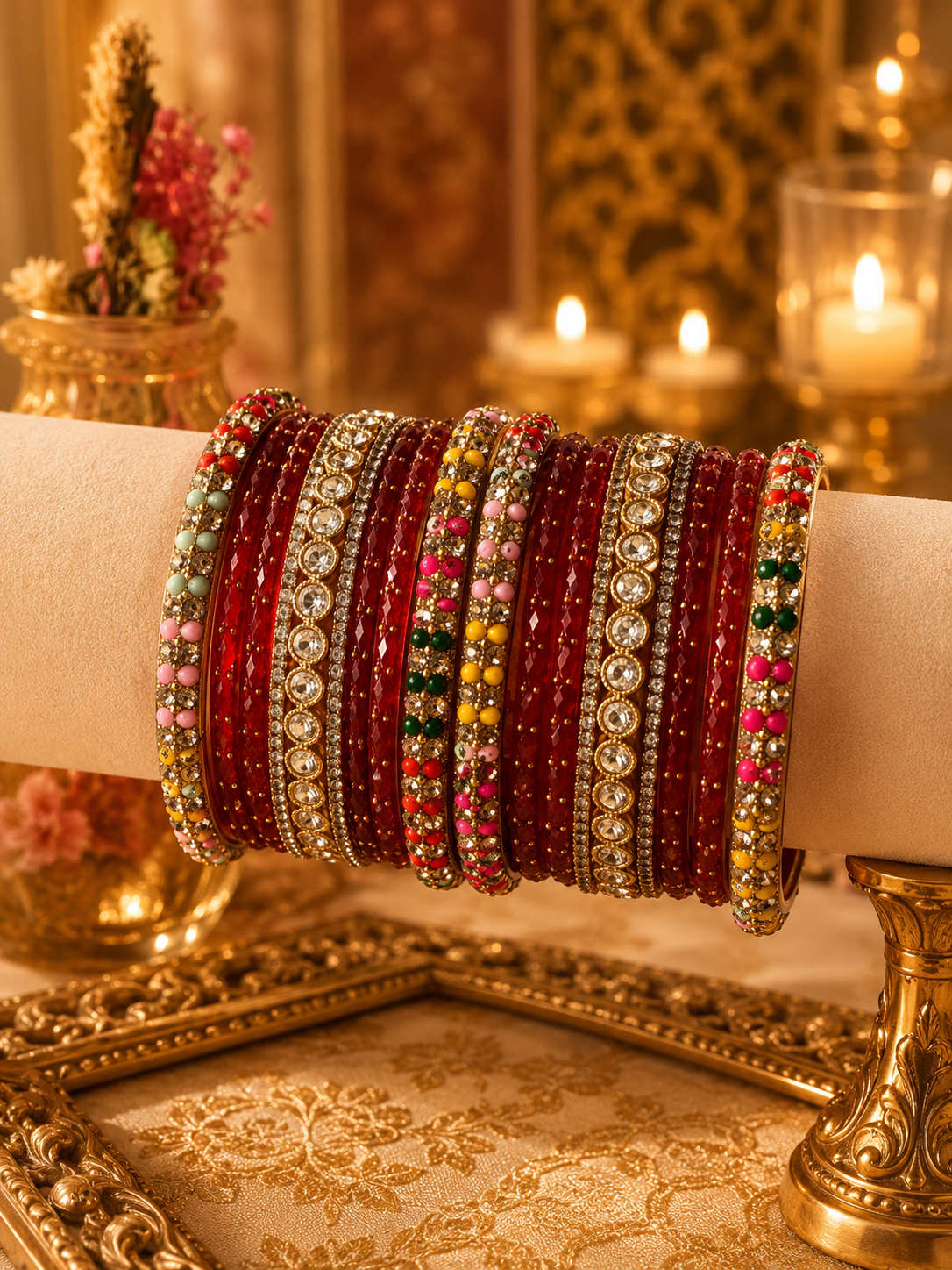 Bridal Red Designer Bangles Set with Crystal & Bead Work