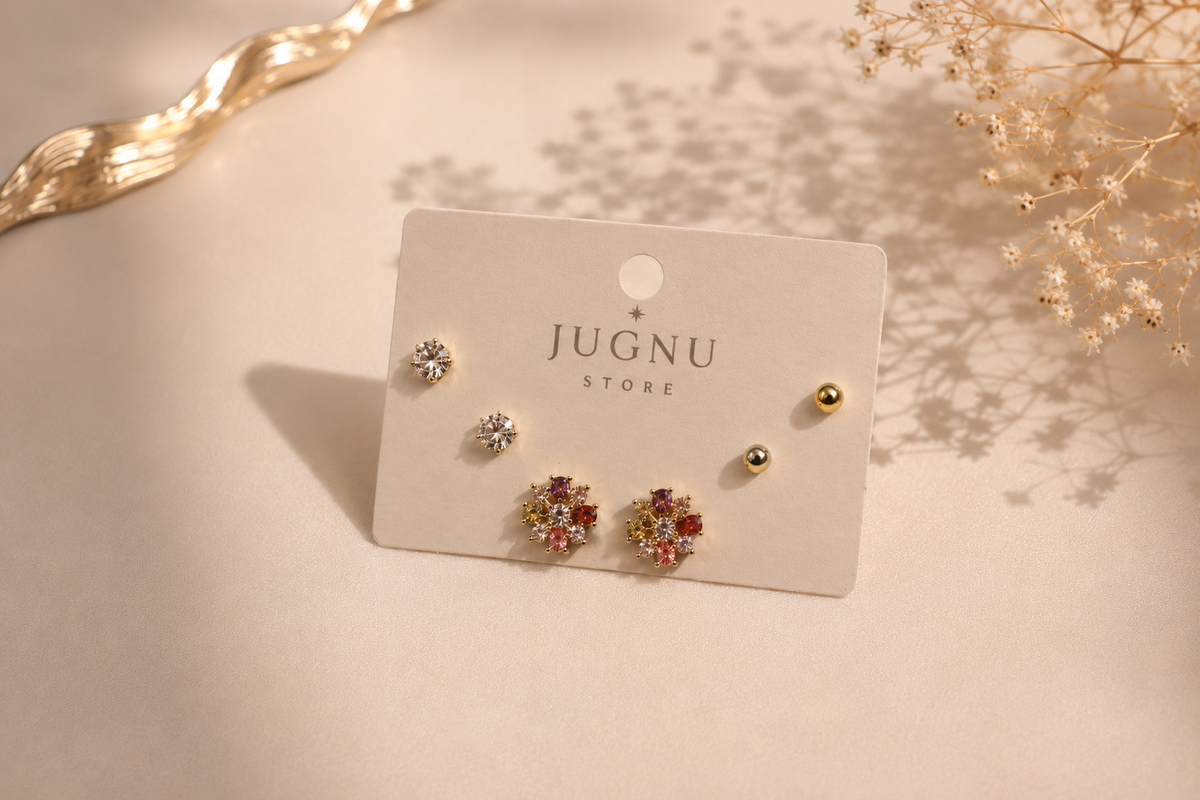 Anti-Tarnish Earrings Set for Women | Crystal Studs, Gold Ball Studs & Multicolor Floral Earrings | 3-Pair Earrings Set